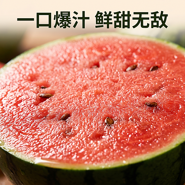 [主图-3] 小糖丸西瓜果肉细节特写，突出新鲜多汁的质感。[氛围风格] 微距食欲感特写；[画质] 超高清商业微距摄影，纹理清晰。[元素] 微距特写小糖丸西瓜的红色果肉，保持果肉纹理色泽和输入产品图一致，展示沙脆多汁的果肉颗粒感，能看到果肉的水润光泽，几颗西瓜籽清晰分布。背景虚化突出果肉纹理，商品主体占比75%。[光影] 侧光突出果肉颗粒纹理，水润反光，提升食欲。[配色] 红色果肉为主，深绿瓜皮边缘点缀，色彩浓郁诱人。[文字版式] 上方简洁大字"一口爆汁 鲜甜无敌"，放在背景虚化区域，不遮挡果肉。[比例分辨率] 1:1比例，2k分辨率，纹理清晰超高清。[负向提示词] 模糊，失真，变色，水印，文字遮挡主体。