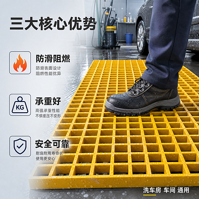 [主图-3] 玻璃钢格栅防滑阻燃承重好卖点图，洗车房/车间地面场景，工人脚踩展示防滑承重。
[统一基调] 整体风格为工业建材风，专业干净稳定；背景主色为浅灰蓝色工业风渐变，标题字色为深灰近黑色，辅助字色为中灰色，强调色为明黄色（与产品格栅黄色呼应）；字体样式为无衬线粗体，字号层级分明，标题最大最粗，辅助文案缩小50%以上；卡片用细边框圆角样式，图标简洁线性。
[画面] 产品为黄色玻璃钢格栅，保持与输入图一致的方形网格结构和黄色外观。主体格栅铺设在汽车美容洗车房的地面上，呈平视略俯视角度，占画面约50%。格栅上有一只穿着工作鞋的脚正在踩踏（只显示小腿和脚，不显示人物面部和上半身），展示承重能力。格栅表面有水渍和水珠，体现潮湿环境下的防滑性能。背景能看到洗车设备和汽车轮胎的局部。画面右侧有火焰图标和鞋子防滑图标。
[光影质感] 室内洗车房明亮灯光，主光从上方照射，格栅表面水珠有高光反射，网格阴影清晰。脚踩在格栅上受力自然，格栅无变形，体现承重好。产品与地面贴合紧密，有水渍反光，场景真实感强。
[配色] 背景为洗车房蓝灰色调，地面有水渍反光，产品明黄色突出，标题深灰色，辅助文字中灰色，火焰图标用橙红色，防滑图标用蓝色。整体色调明亮干净，工业专业感。
[文字版式] 左侧竖排三个卖点标题，从上到下："防滑阻燃""承重好""安全可靠"，每个卖点配一个小图标，文字粗体深灰色。顶部有一行主标题"三大核心优势"中灰色。右下角小字标注"洗车房 车间 通用"。所有文字横排，放在画面左侧和顶部负空间，不遮挡脚踩格栅的主体展示。
[输出要求] 比例1:1，2048*2048像素，文字清晰，产品结构清晰不变形。负向：禁止出现尺寸规格参数、禁止出现成分说明、禁止变形错字模糊、禁止水印平台Logo、禁止出现人物面部、禁止出现手机号微信二维码、禁止格栅变形塌陷、禁止手指畸形。