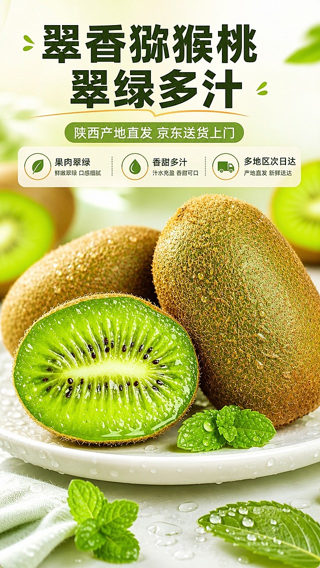 [商品] 使用【图1】翠香猕猴桃；保留椭圆形外形、棕褐色带细密绒毛果皮、翠绿果肉、黑色籽实、白色果心的结构与颜色；增强果肉水润光泽和果皮绒毛质感，不改变形态结构。
[画面] 目标：食欲氛围头图，突出翠香猕猴桃翠绿多汁与京东发货优势。构图：上文下图，顶部标题区，中部主体猕猴桃组合（整果+切面），底部点缀薄荷叶与水珠；产品占画面约65%。景别：中近景。前中后景：前景白盘边缘与薄荷叶，中景猕猴桃主体，后景虚化猕猴桃切片与明亮自然光。阅读动线：从上至下。
[视觉] 套系策略：风格=生鲜清新商业摄影风；标题字=现代无衬线粗黑体；正文字=简洁无衬线体；主色=翠绿+米白；背景延展=基于米白与浅绿做深浅层级、同色渐变和细腻纸张/木质质感；强调色=暖橙，仅用于小面积图标、引线和标签；标题色=深墨绿；正文色=深灰；组件=圆角浅底信息卡、细线引线、小图标；光影=左前侧柔和自然光，明亮通透。
[文字] 主标题「翠香猕猴桃 翠绿多汁」，副标题「陕西产地直发 京东送货上门」，3个卖点icon：「果肉翠绿」「香甜多汁」「多地区次日达」；文字区位于画面上方约30%区域，横排排版，不遮挡猕猴桃主体切面。
[规格] 京东平台详情页，单屏比例9:16竖版，分辨率4K，负向提示：避免变形、错字、文字过小、冷蓝灰背景、果肉颜色改变、形态失真、极限词、京东logo/水印。