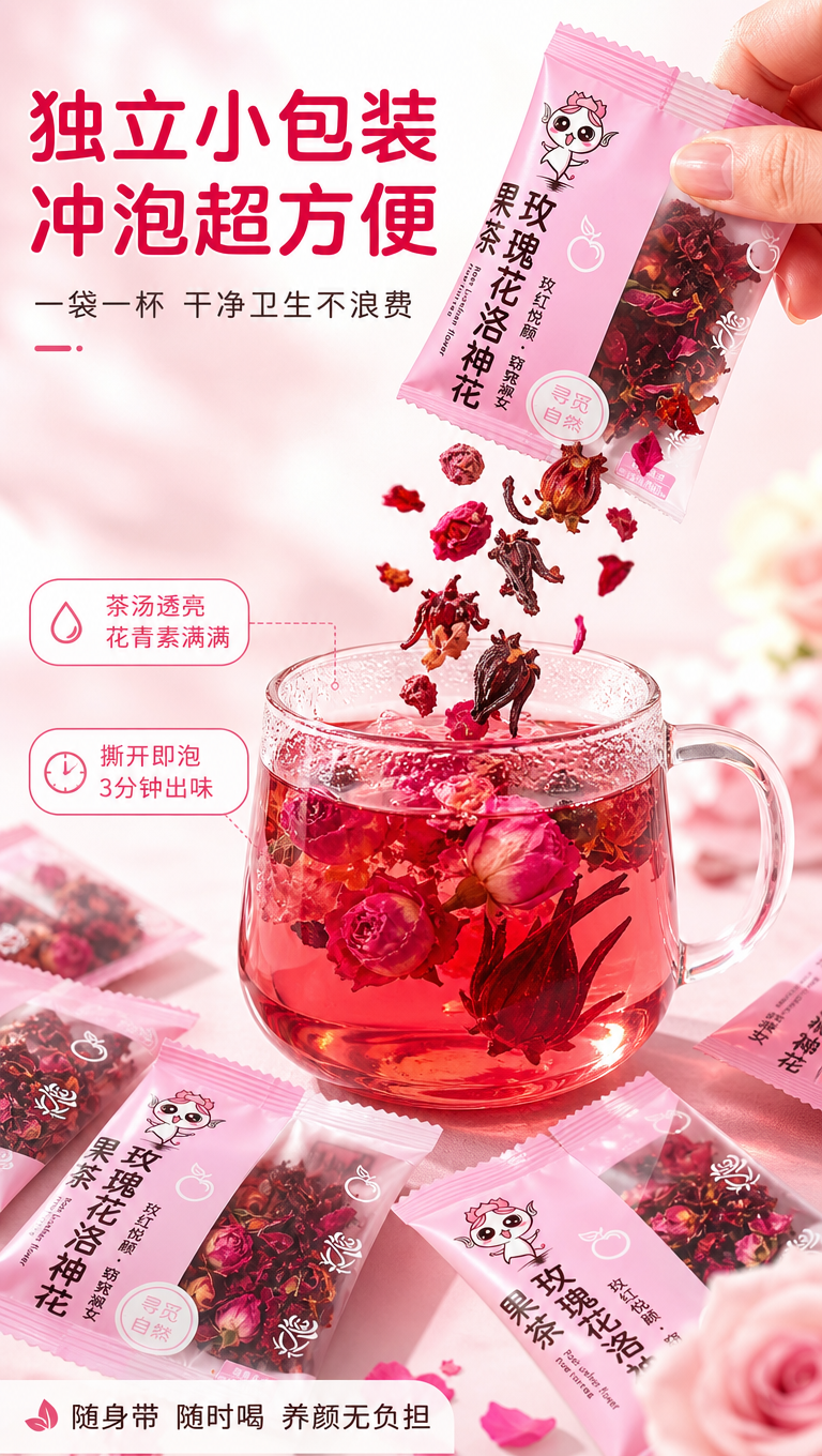 [商品] 使用【图1】玫瑰花洛神花独立小包装果茶；保留粉色包装… - 图片创意预览