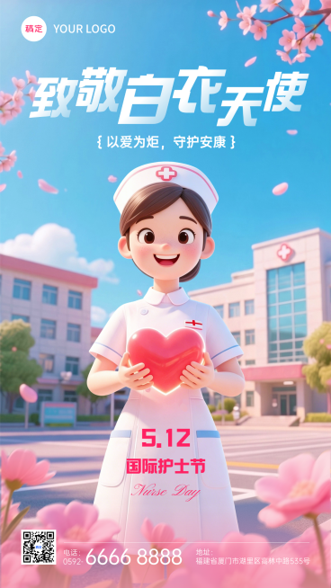 护士节512通用节日祝福3D温馨感全屏竖版海报预览效果