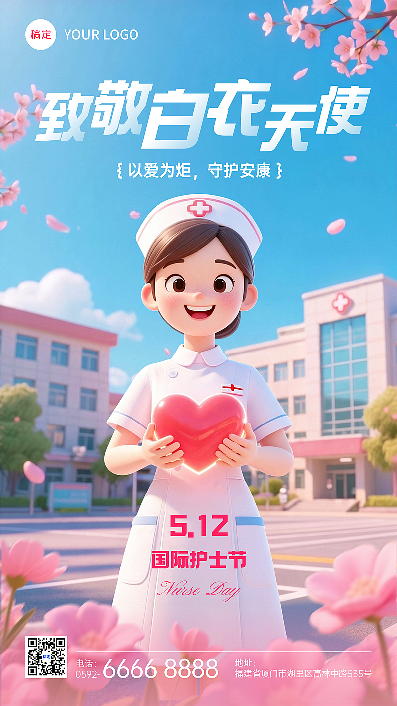 护士节512通用节日祝福3D温馨感全屏竖版海报