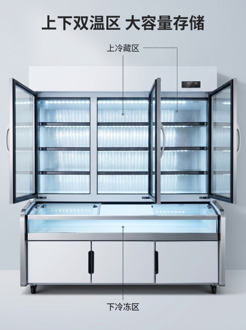 [主图 3] 双温区分层结构展示；[氛围风格] 通透清晰，功能直观；[画质] 商业摄影质感，产品清晰真实，画面干净高级；[元素] 展示三门展示柜打开门后的内部隔层结构，保持产品整体外观结构颜色和输入图预览效果