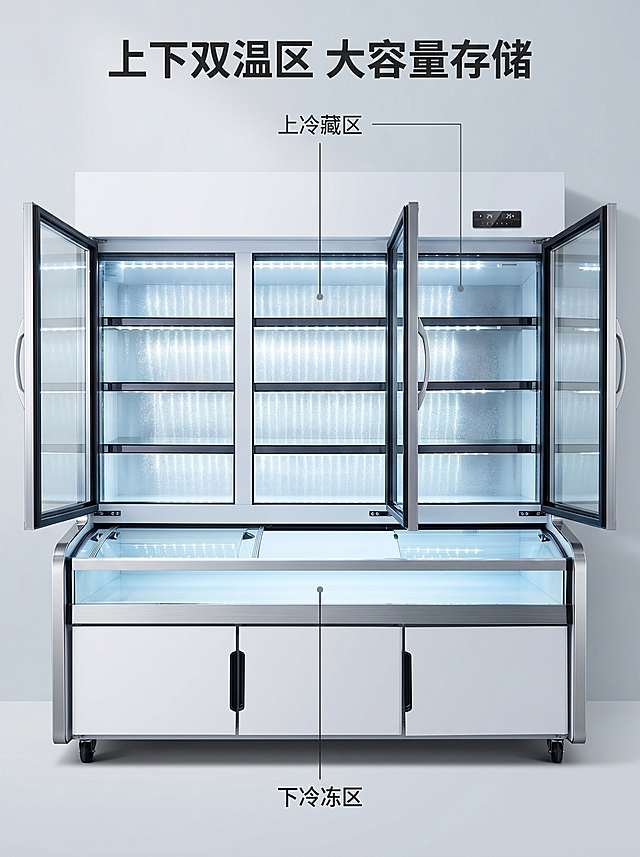 [主图 3] 双温区分层结构展示；[氛围风格] 通透清晰，功能直观；[画质] 商业摄影质感，产品清晰真实，画面干净高级；[元素] 展示三门展示柜打开门后的内部隔层结构，保持产品整体外观结构颜色和输入图完全一致，精细化处理结构细节。重点展示上层冷藏区和下层冷冻区的双温区分层设计，清晰呈现四层搁板可调节结构，内部照明完整展示。背景为干净浅灰色调；[光影] 内部LED灯光线均匀通透，突出内部空间层次感，外部轮廓光影清晰立体；[配色] 产品本身白色为主，浅灰色背景，光线冷白色调出清新感；[视角构图] 平视 slightly 偏低角度，完整展示上下分区结构，主体占比70%；[文字版式] 上方主标题「上下双温区 大容量存储」，引线分别标注上层「上冷藏区」，下层「下冷冻区」，纤细引线清晰对应，文字对比清晰，不遮挡主体结构；[比例分辨率] 1:1 比例，2k 分辨率；文字清晰锐利，超高清；[负向提示词] 变形，水印，文字错乱，产品模糊，背景杂乱，结构变形，色差。