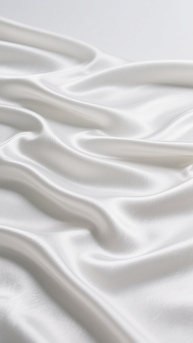 光滑细腻的丝绸面料，呈现出柔和而富有光泽的质感，表面有自然流畅的波浪形褶皱，光影交错形成明亮的高光和深邃的阴影，整体色调为纯净的白色，背景简洁干净，突出丝绸的优雅垂坠感和细腻纹理。