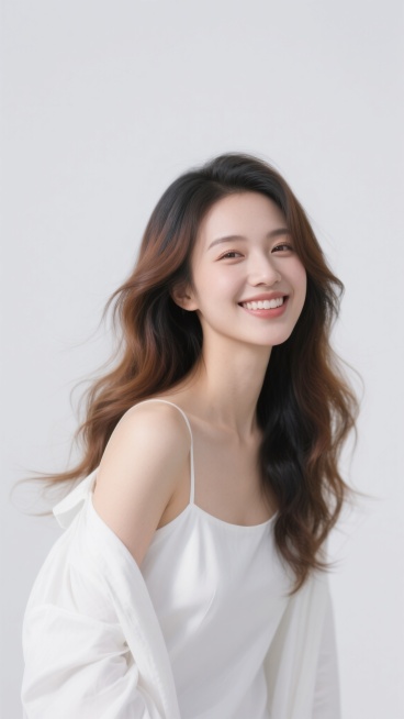 高清晰人像摄影，白色纯净背景，一位亚洲年轻女性，侧脸微微上扬，笑容明媚，眼神明亮有神，棕色与黑色渐变的长卷发随风飘逸，发丝纹理清晰，穿着白色吊带裙外搭宽松白色外套，左肩自然露出，肌肤白皙细腻有光泽，柔和的顶光照明，面部光影过渡自然，阴影柔和，高光点缀在发丝和肩部，整体氛围清新、阳光、优雅，画面简洁干净，主体突出，无任何文字和装饰元素。预览效果