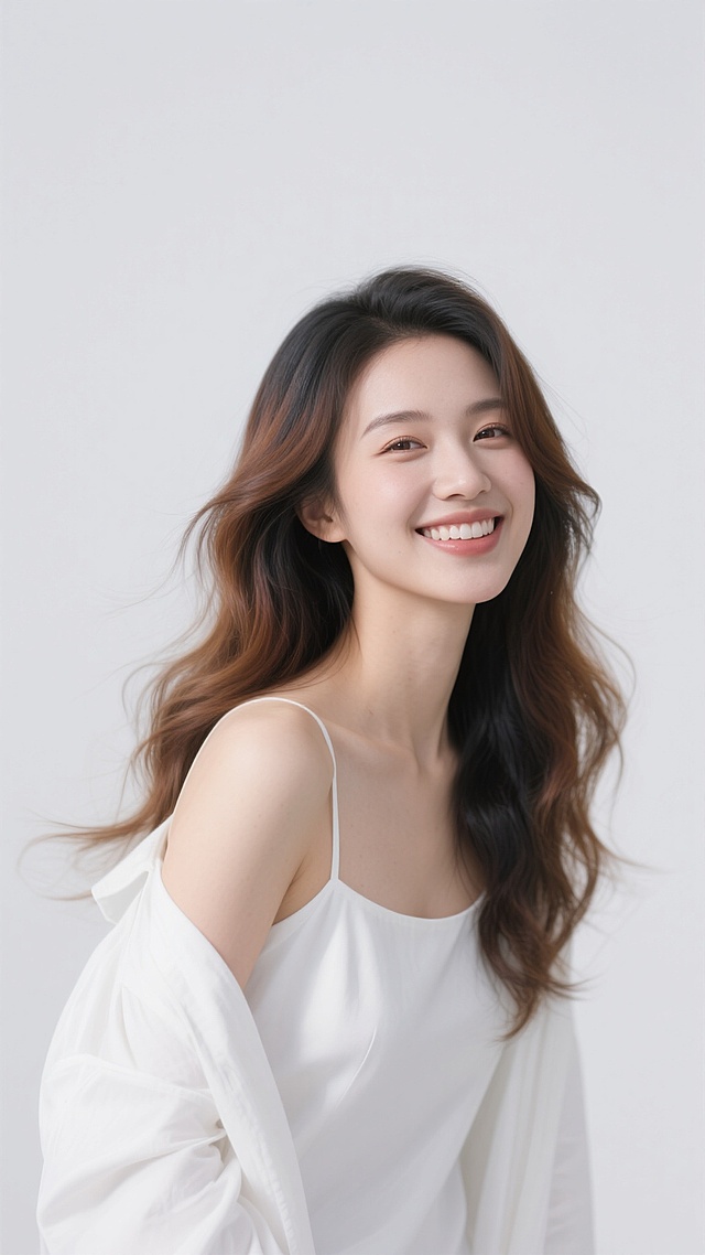 高清晰人像摄影，白色纯净背景，一位亚洲年轻女性，侧脸微微上扬，笑容明媚，眼神明亮有神，棕色与黑色渐变的长卷发随风飘逸，发丝纹理清晰，穿着白色吊带裙外搭宽松白色外套，左肩自然露出，肌肤白皙细腻有光泽，柔和的顶光照明，面部光影过渡自然，阴影柔和，高光点缀在发丝和肩部，整体氛围清新、阳光、优雅，画面简洁干净，主体突出，无任何文字和装饰元素。