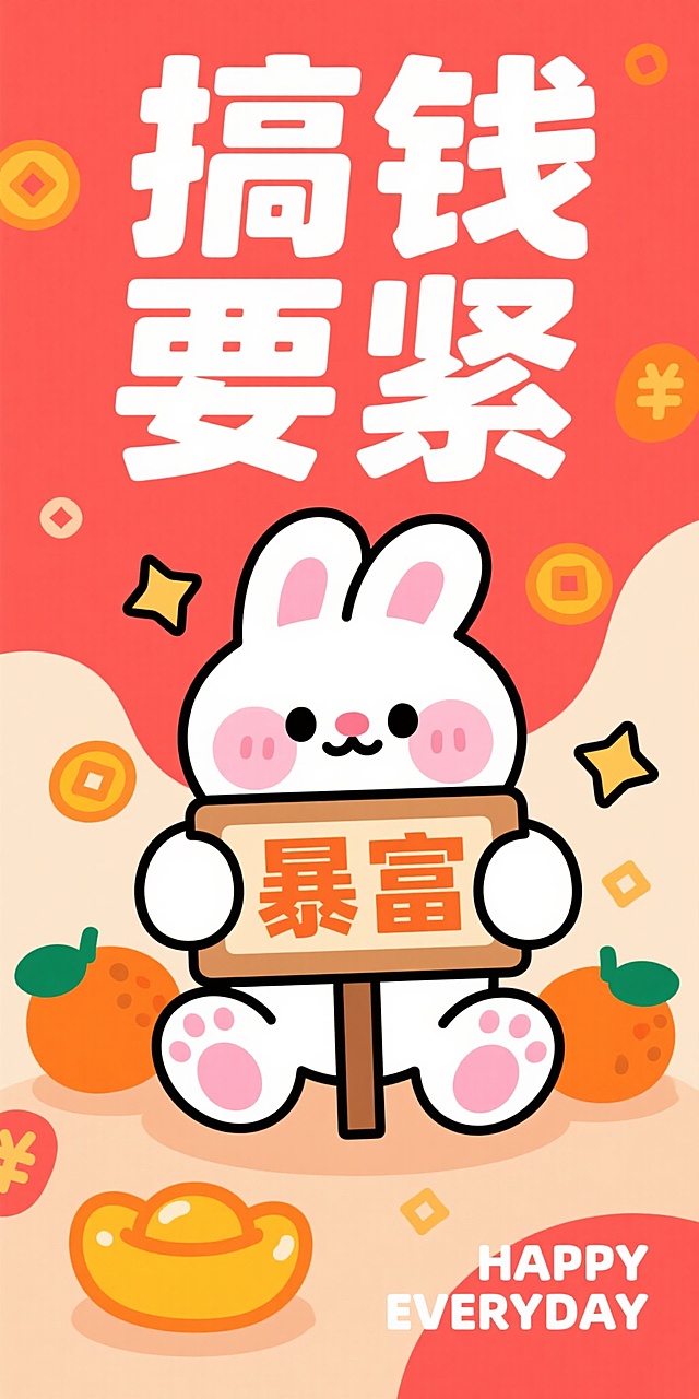 扁平风卡通兔拟人设计，红橙配色营造喜庆感，大字风“搞钱要紧”突出主题，搭配金元宝、灯笼元素，国潮风十足，传递新年暴富祝福。