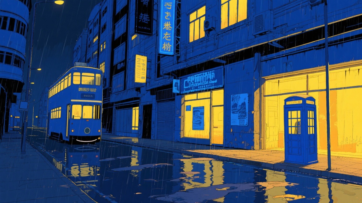 港风二次元，黑夜下雨城市，,细节丰富，蓝色为主、黄色为辅，生成2张，不要人，4k，16:9预览效果