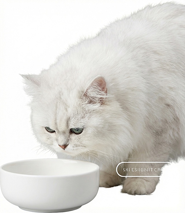 把那一只猫改成白色长毛猫。在在那个绿色的碗改成白色，碗里不要放任何东西。