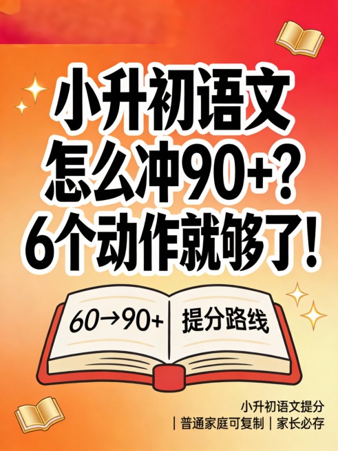 一张3:4比例的小红书爆款封面图，背景为渐变橙红色，中央大字：“小升初语文怎么冲90+？6个动作就够了！”字体加粗黑色，带白色描边和阴影，突出醒目。下方一本打开的卡通书本，书页上写着“60→90+ 提预览效果