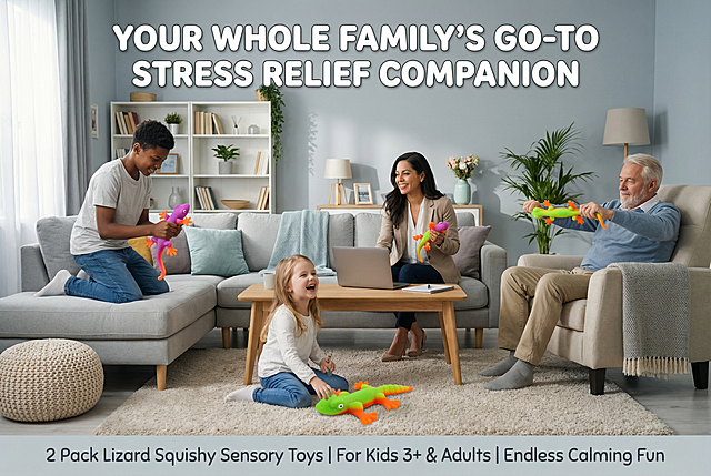美式多巴胺莫兰迪清新高级商业风，8K 超高清实景商业摄影，杂志级跨版精致排版，画面为沉浸式美国家庭开放式客厅场景，柔雾莫兰迪浅灰蓝主色调，搭配多巴胺亮紫、亮绿、亮橙点缀色，光影柔和自然，采用电影级柔光环形补光，画面无杂乱元素；场景内多元族裔人物全覆盖：6 岁白人小女孩在地毯上玩绿色蜥蜴玩具、16 岁非裔少年在沙发上揉捏紫色蜥蜴玩具、32 岁拉丁裔妈妈在茶几旁办公时把玩玩具、58 岁白人爷爷在单人椅上拉伸玩具，全龄段人物自然互动，氛围温馨治愈；画面视觉中心严格还原上传的产品图，包括紫色 + 亮橙色、绿色 + 亮橙色的蜥蜴造型软胶解压玩具，产品尺寸长 17cm 宽 11cm，尺寸比例精准还原，完整保留哑光软胶质感、仿真蜥蜴鳞片纹理、圆润无棱角造型等所有细节；画面顶部居中加粗圆润美式无衬线英文主标题："YOUR WHOLE FAMILY'S GO-TO STRESS RELIEF COMPANION"，画面底部居中副标题："2 Pack Lizard Squishy Sensory Toys | For Kids 3+ & Adults | Endless Calming Fun"，主标题采用多巴胺亮白粗体加柔色描边，副标题采用极简深灰圆润字体，整体画面高级统一，3 秒抓住用户注意力，适配亚马逊详情页首屏 KV，无任何割裂感。负面提示词：画面模糊，产品变形，颜色偏差，人物表情僵硬，场景杂乱有多余杂物，光影过曝或过暗，文字错误，出现中文文字，水印，logo，产品细节缺失，比例失调，违和的装饰元素，画面有割裂感。
