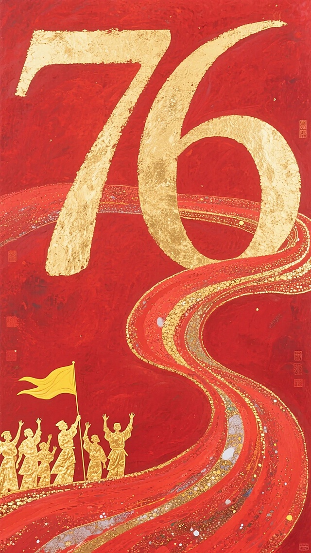 红金主色调，鎏金大字“76”彰显国潮风与政务感，剪影人物持旗前行，浮雕质感丝带蜿蜒，融合民族感与喜庆氛围，呈现庄重而热烈的视觉叙事。