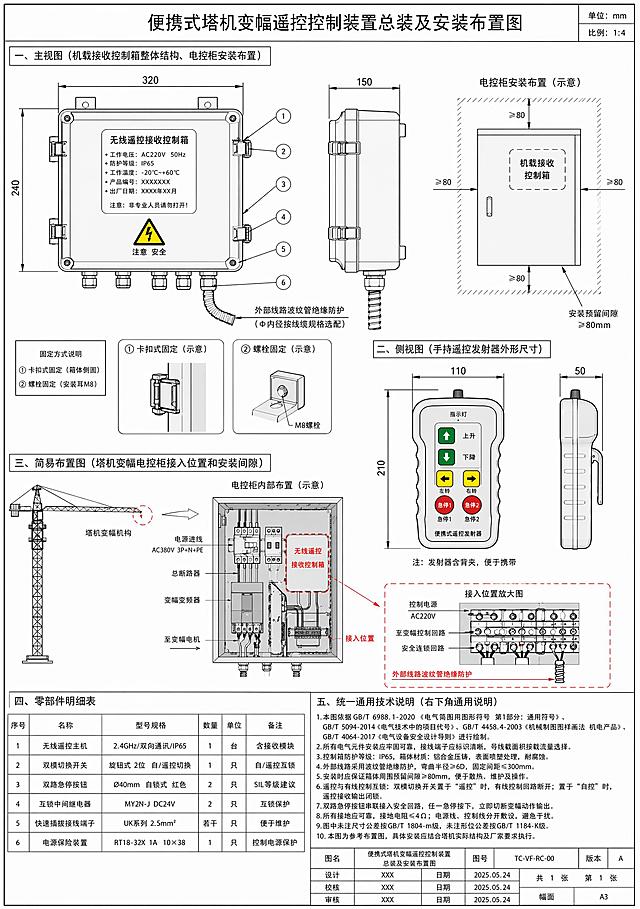 CAD图纸，便携式塔机变幅遥控控制装置总装及安装布置图，A3幅面，包含主视图（机载接收控制箱整体结构、电控柜安装布置）、侧视图（手持遥控发射器外形尺寸）、简易布置图（塔机变幅电控柜接入位置和安装间隙）。标注尺寸：机载箱体320mm×240mm×150mm IP65，手持发射器210mm×110mm×50mm，安装预留间隙≥80mm。包含完整零部件明细表：无线遥控主机、双模切换开关、双路急停按钮、互锁中间继电器、快速插拔接线端子、电源保险装置。标注卡扣式+螺栓固定方式，外部线路波纹管绝缘防护，遵循国标机械电气制图规范。右下角标注统一通用技术说明