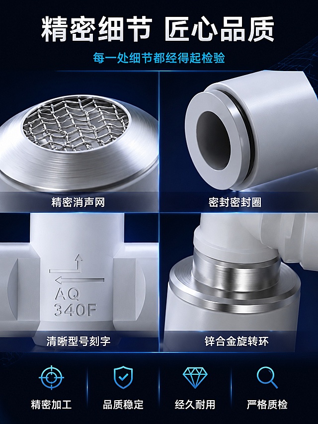 [第8屏] 细节微距-AQ快速排气阀消声网/密封圈/刻字等关键部位放大。本屏使用【图1】和【图5】作为产品细节参考。
[氛围/风格] 工业科技风，深蓝渐变背景，冷调微距光影，细节清晰，质感突出，商业摄影质感。
[元素布局] 画面采用2×2细节宫格布局，四个细节特写分别展示：左上-金属消声网微距（精密编织网格结构，金属光泽）；右上-快插接口密封圈特写（黑色密封圈与白色阀体的精密配合）；左下-阀体刻字细节（AQ340F型号标识与气流方向箭头，清晰锐利）；右下-旋转接头金属环特写（锌合金金属质感，精密加工纹路）。背景为深蓝到黑色的渐变，每个宫格之间有淡蓝色分隔线，角落有细微的科技网格装饰。**保持各细节部位的材质、结构、颜色与输入产品图一致，杜绝任何变形和色差，精细化处理微距下的材质纹理**。画面满屏无边框。
[光影质感] 冷调侧光从左上照射每个细节部位，突出材质纹理和立体感；金属部位有锐利高光，塑料部位有柔和明暗过渡；整体光影细腻，微距质感强。
[配色色系] 全局底色 #061226 深黑蓝渐变；主色深蓝、黑色；辅助色冷白、金属银、科技蓝。
[视角构图] 微距特写视角，2×2宫格均匀分布；阅读动线：顶部标题 → 四个细节宫格（左上→右上→左下→右下）。
[文字版式] 顶部居中主标题"精密细节 匠心品质"，白色超大号粗体无衬线字；副标题"每一处细节都经得起检验"，科技蓝色中号字。每个宫格下方配细节名称标签：「精密消声网」「密封密封圈」「清晰型号刻字」「锌合金旋转环」，白色字配深蓝色半透明底条。底部通栏四个品质承诺：「精密加工」「品质稳定」「经久耐用」「严格质检」，白字横排。
[比例分辨率] 3:4竖版比例，4K分辨率，文字清晰可辨，高清画质。
[负向提示词] 变形，水印，文字错乱，文字过小，缺件错件，结构错误，颜色偏差，产品图模糊，背景杂乱，电商平台Logo。