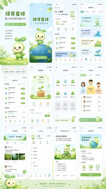 绿芽星球青少年环保科普APP UI设计，采用低饱和度自然嫩绿、天空浅蓝和草地浅绿主色调，圆润可爱圆体童趣字，页面融入树叶、露珠、云朵、小草绿植等自然元素，IP绿芽形象展示其中，扁平化渐变圆润图标，界面预览效果