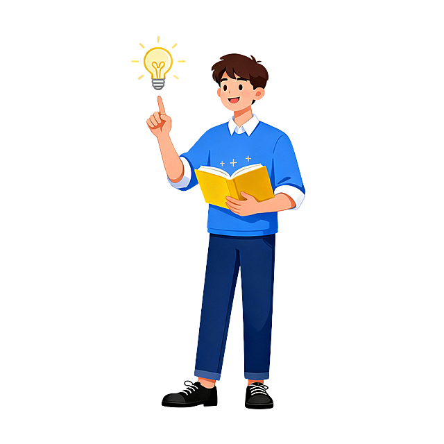 微笑的年轻男教师，身穿蓝色七分袖上衣（内搭白色衬衫领口外露）和深蓝色长裤，脚蹬黑色系黑色带鞋，左手捧着一本黄色封面的打开的书（书页上有微小的知识符号），右手食指向上举起指向悬浮的灯泡符号，象征灵感与知识的结合，整体色彩明快柔和，线条简洁流畅，人物姿态自然放松，背景为纯白色