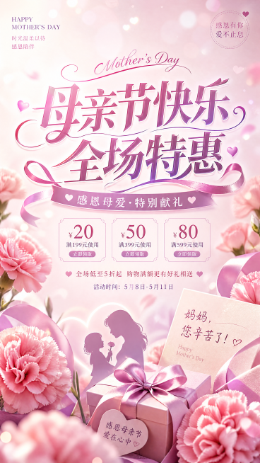 母亲节促销海报，温暖温柔粉紫色调，中央有艺术字体标题"母亲节快乐 全场特惠"，周围点缀康乃馨花朵和丝带装饰，整体温馨治愈风格，适合电商促销宣传，构图饱满预览效果