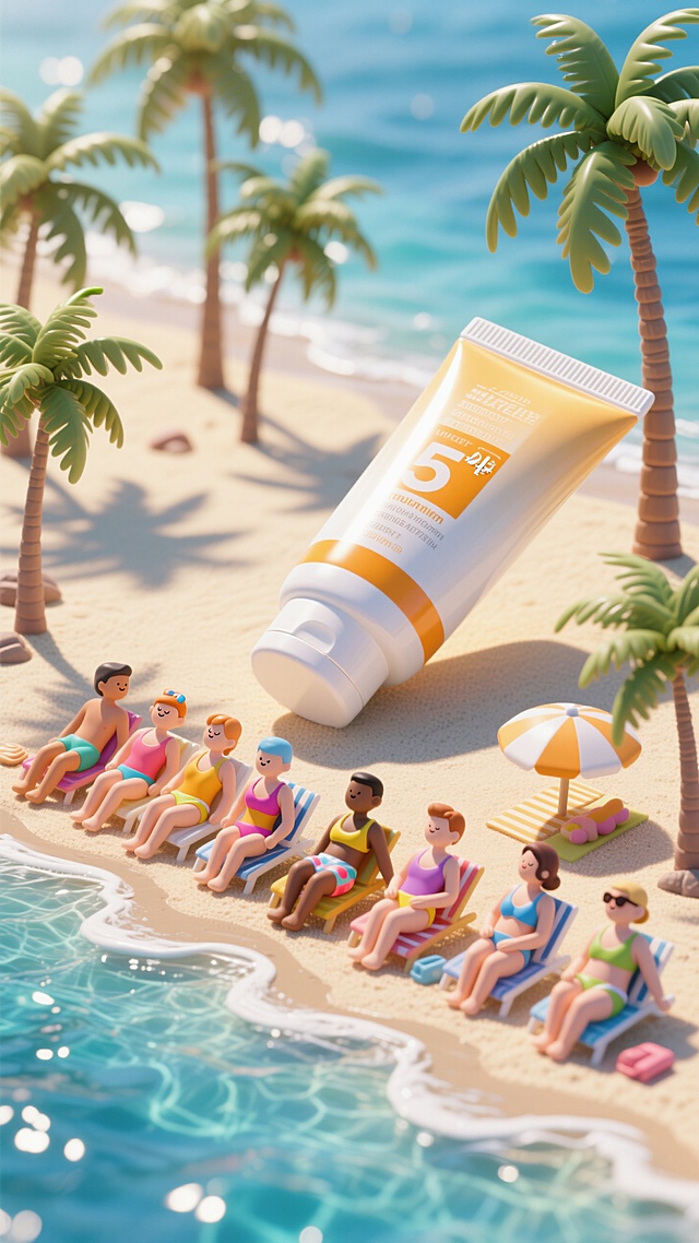 海滩、椰树，一个大型的防晒霜倒下形成一片阴影，游客排排靠坐在防晒霜边遮阳