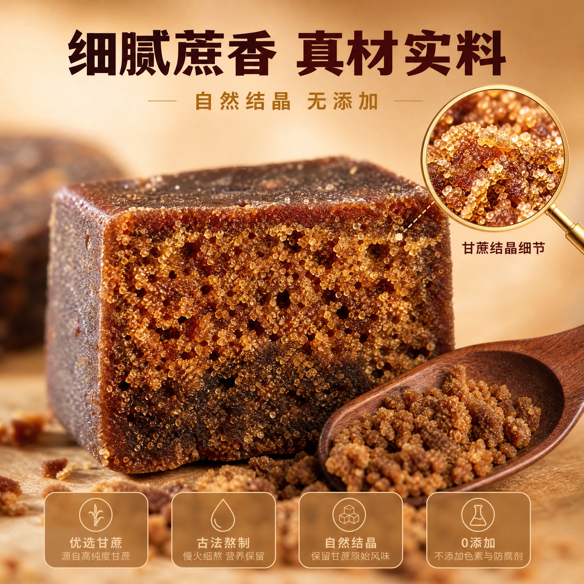 [主图-3] 细节与成分图，微距展示黑糖内部纹理与甘蔗结晶细节… - 图片创意预览