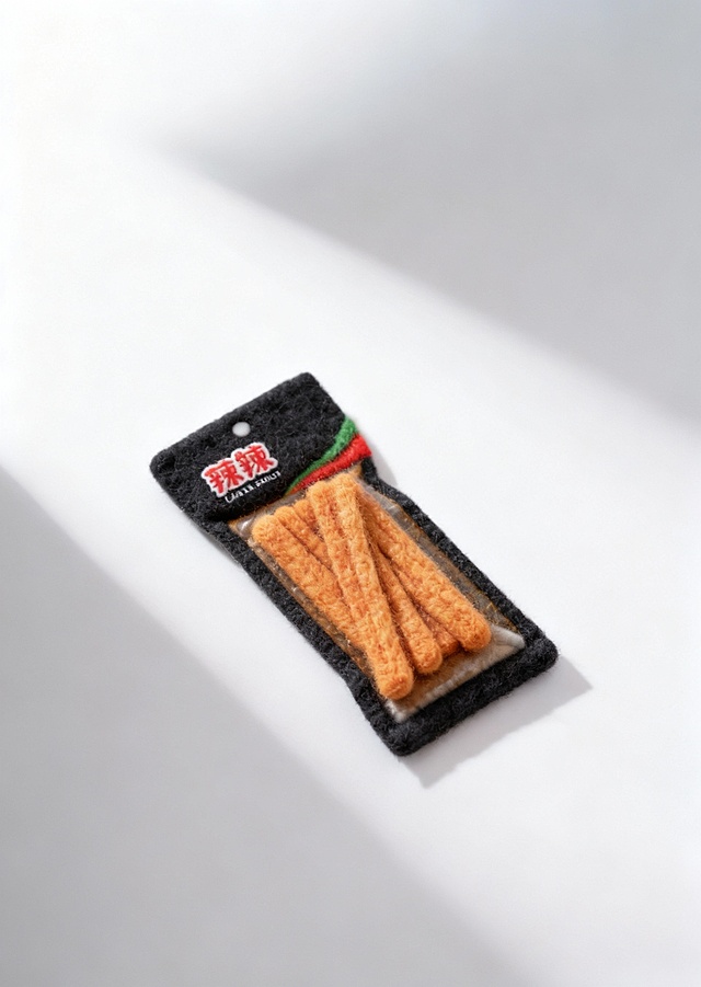 光影感十足的轻拟物风设计，塑料质感包装搭配实景感呈现，辣味零食以极简美学诠释节日氛围。
