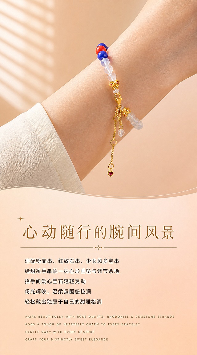 【第4张·爱心款佩戴页】
[商品] 使用爱心延长链搭配蓝白红手串图；将延长链与手串佩戴在女性手腕上，展示真实佩戴效果；严格还原足金原色、古法金磨砂质感、心形红宝石颜色和镶嵌结构；手串珠子颜色和金色配件保持原样。
[画面] 画面上半部分为女性手腕侧戴手串特写，爱心延长链自然垂坠在手串扣头处，随手腕角度呈现优雅弧度，手腕穿着浅色米白衣袖。背景为暖杏色到蜜桃裸粉色的柔和渐变，有柔和百叶窗光影斜射。下半部分为文案区域，有弧形过渡。产品占画面50%。
[视觉] 套系策略：风格=高端轻奢珠宝商业摄影；主标题字=精致衬线体，浅金棕色；单品标题字=中号无衬线体；正文字=小号无衬线体，深咖暖灰色；英文字=细体无衬线，拉开字距；主色=暖杏蜜桃裸粉渐变；背景延展=暖杏色到裸粉色柔和渐变，细腻哑光质感，弧形过渡分隔上下区域；强调色=浅金棕色；组件=细金线+星光装饰分隔；光影=左前侧暖柔光，金属高光细腻柔和，皮肤质感自然。
[文字] 画面下方左对齐或居中排版：主标题"心动随行的腕间风景"（精致衬线体，浅金棕色），标题左侧有星光装饰，标题下方有细金线分隔。下方正文5行："适配粉晶串、红纹石串、少女风多宝串""给甜系手串添一抹心形垂坠与调节余地""抬手间爱心宝石轻轻晃动""粉光辉映，温柔氛围感拉满""轻松戴出独属于自己的甜雅格调"（小号无衬线体，深咖暖灰色）。最底部4行英文小字，细体无衬线拉开字距："PAIRS BEAUTIFULLY WITH ROSE QUARTZ, RHODONITE & GEMSTONE STRANDS""ADDS A TOUCH OF HEARTFELT CHARM TO EVERY BRACELET""GENTLE SWAY WITH EVERY GESTURE""CRAFT YOUR DISTINCTLY SWEET ELEGANCE"。文字不遮挡手腕和产品。
[规格] 宽度850px，长竖版比例约1:1.8，2K，quality=high。避免手部不自然、延长链佩戴方式错误、黄金发白、文字遮挡产品。