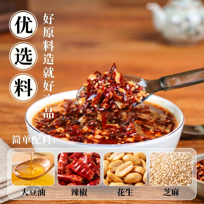 保留图一中所有文字（优选料 好原料造就好产品 简单配料: 大豆油 辣椒 花生 芝麻）和布局，只将图一的产品和场景区域替换成图二的完整产品场景，原封不动保留图二的产品、场景、碗和勺子的样子，不要做任何修预览效果