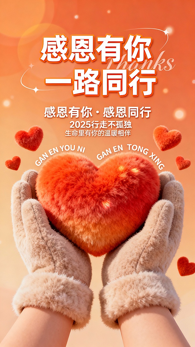 3D风格海报，画面中央是两只戴着毛绒手套的手捧着一个橙红色渐变毛绒爱心，爱心表面有细腻的绒毛质感和柔和高光，周围点缀着5个同风格迷你毛绒小爱心，背景为暖橙色渐变，带有柔和的光晕和细小的光斑效果，营造温馨感恩氛围。画面中上部有主标题“感恩有你   一路同行”，字体为白色带有橙色描边的装饰性字体，醒目突出；标题下方辅以“感恩有你・感恩同行”和“2025 行走不孤独 生命里有你的温暖相伴”文案，采用简洁的无衬线体，英文拼音“GAN EN YOU NI GAN EN TONG XING”与“THANKS”字样以优雅的曲线排列在中文文案周围，整体视觉层级清晰，信息传达高效，符合感恩主题的温暖设计感。