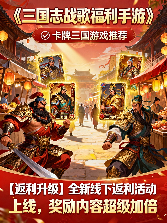 生成一款回合卡牌三国手游风格的宣传图片10张，“《三国志战歌0.05折 、三国志战歌折扣手游、三国志战歌福利手游》” 为主标题 “✅ 热门卡牌回合游戏推荐、✅竖屏三国游戏推荐、✅ 卡牌三国游戏推荐、”为副标题，主标题每张不同，副标题平均分配。福利介绍为：”【领币畅玩】次日起领2000三国币，可拆分使用，自由购买游戏内各类礼包【神将必得】征战与爬塔，必得神魔核心卡牌，轻松组建强力阵容【返利升级】全新线下返利活动上线，奖励内容超级加倍【时空献礼】签到即领时空武将箱，轻松召唤时空武将【开局千抽】 开局即享千连抽，海量机会助你快速集结理想阵”每张福利介绍不同