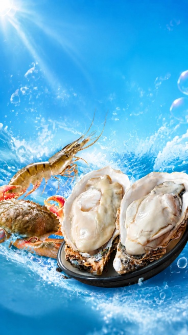 去掉图片中所有文字，保留生蚝、蟹、虾和蓝色海水背景，保持海鲜原有的外形、质感和位置不变，保留气泡和水花效果，整体自然清新，画质清晰预览效果