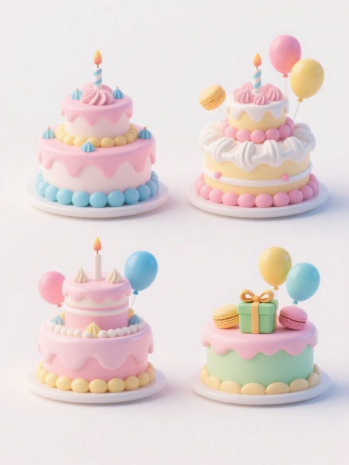 四个排列整齐的3D风格生日蛋糕，每个蛋糕外观样式各异（如不同层数、不同奶油裱花形状、不同装饰组合），配色方案多样且柔和（保留粉色系基调并加入蓝色、黄色、绿色等其他马卡龙色系搭配），均带有光滑质感的奶油、立体感的蜡烛、彩色气球和蝴蝶结礼物盒，置于纯白色背景上，整体呈现出圆润可爱的3D建模效果，光影柔和，高光细腻，细节丰富。预览效果