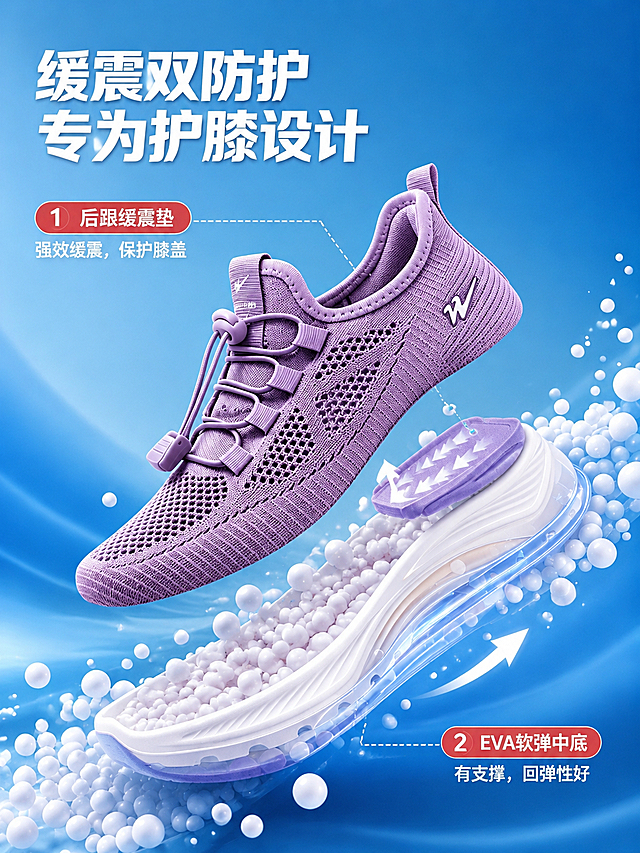 参考图1的鞋子爆炸拆分效果，将图2的鞋子做成鞋底鞋面爆炸拆分效果，保持图2鞋子的颜色、细节、纹路、品牌标志、鞋带样式、鞋子朝向角度完全不变，仅将鞋底与鞋面分离开呈现爆炸拆解效果，背景保持蓝色渐变风格，保留白色缓震颗粒元素，产品摄影，高清质感，电商主图风格