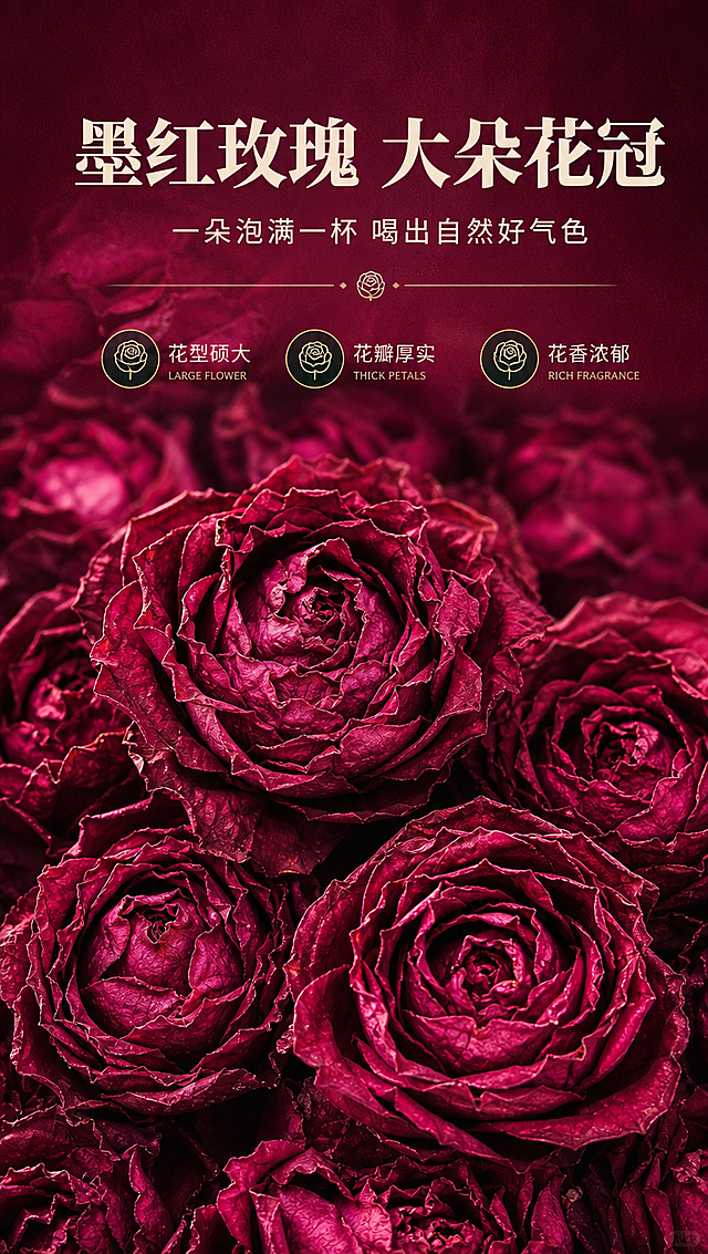 [商品] 使用【图1】墨红玫瑰干花；保留花朵完整形态、深玫红色、丝绒质感花瓣、自然褶皱结构，不改变花型与颜色。
[画面] 目标：头图海报，主打花型硕大完整与高级氛围感。构图：上文下图，顶部留白放标题，中下部满版墨红玫瑰干花特写，花朵占画面约70%，前景几朵大花清晰锐利，后景虚化形成层次，营造浓郁浪漫的视觉冲击。
[视觉] 套系策略：风格=高级氛围感花茶商业摄影；标题字=优雅衬线粗体；正文字=简洁无衬线体；主色=深玫红+米杏白；背景延展=基于深玫红做深浅渐变、同色花瓣层次和细腻绒面质感；强调色=墨绿，仅用于小面积图标、引线和标签；标题色=米杏白；正文色=浅米白；组件=圆角半透明信息卡、细线引线、小花朵图标；光影=左前侧暖柔光，花瓣边缘带轮廓光。
[文字] 顶部居中主标题「墨红玫瑰 大朵花冠」，副标题「一朵泡满一杯 喝出自然好气色」，下方配3个小图标卖点：花型硕大 / 花瓣厚实 / 花香浓郁；文字不遮挡主体花朵，全部横向排版。
[规格] 图片比例9:16竖版，4K分辨率，medium质量，避免变形、错字、文字过小、冷蓝背景、花朵颜色失真、花型改变。
