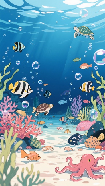二次元卡通，海底，海洋动物，气泡，深青色，浅蓝色，氛围感夏天、快乐，细节丰富，元素多样，全景构图，9:16,不要人物，生成2张预览效果