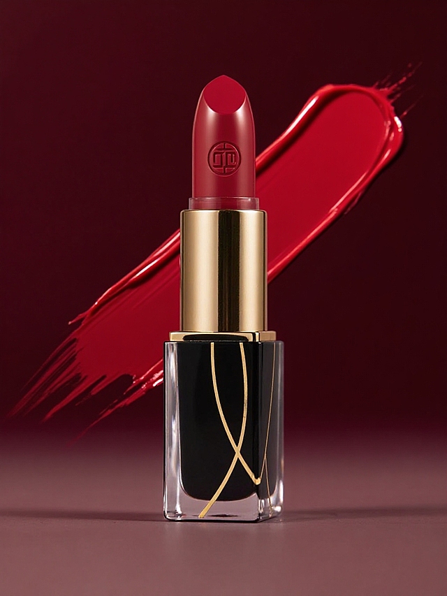 暗红色背景，产品后方搭配大面积口红涂抹痕迹，柔美的流体，侧上方硬光打亮，凸显金属高光、膏体色泽