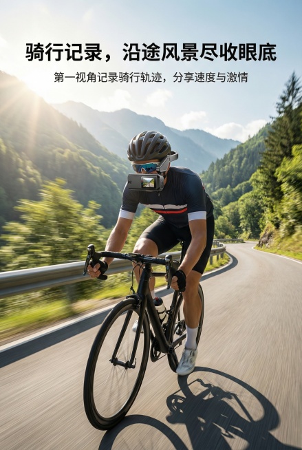 2:3竖版，杂志动感排版，主标题“骑行记录，沿途风景尽收眼底”，副标题“第一视角记录骑行轨迹，分享速度与激情”。画面为模特佩戴产品骑行在山间公路的场景（阳光明媚，道路蜿蜒），产品佩戴自然，文字采用无衬预览效果