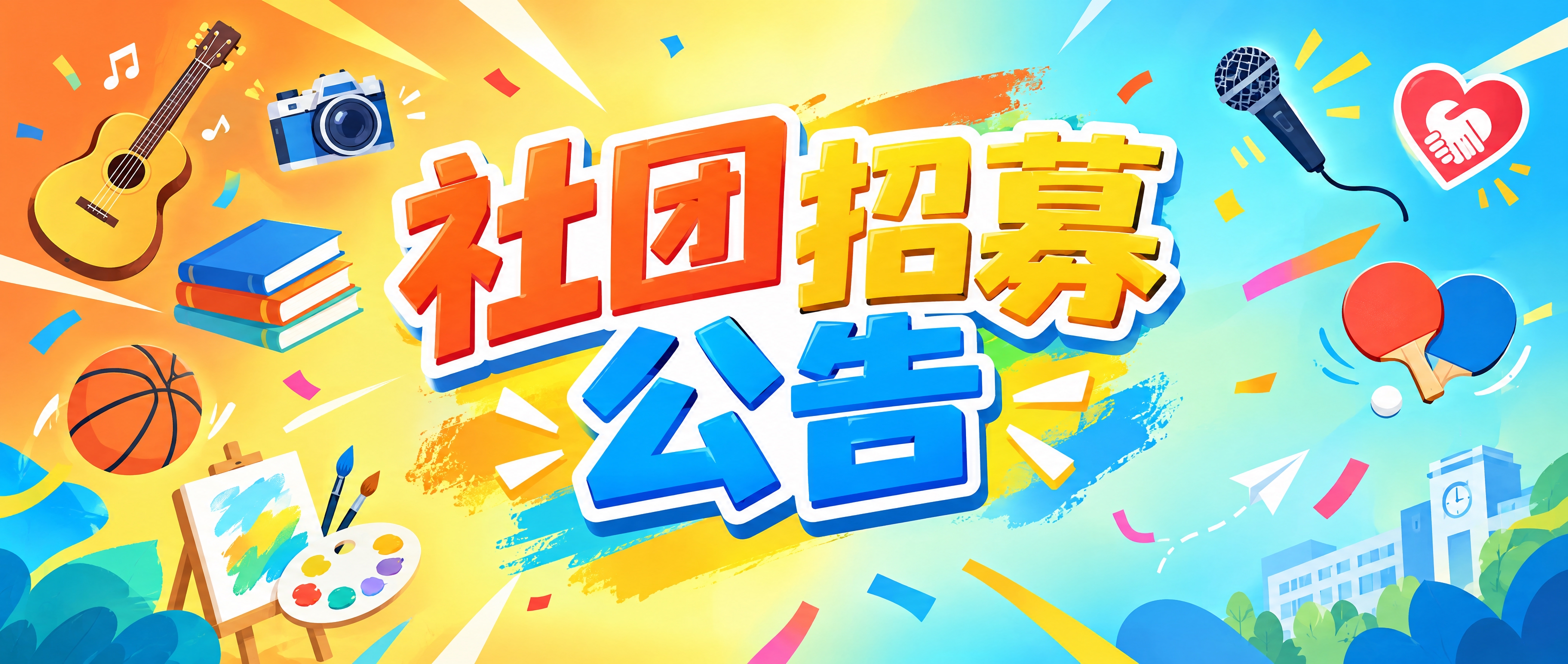 微信公众号头条封面横版设计图，主题为校园社团招新（社团招募公告… - 图片创意预览
