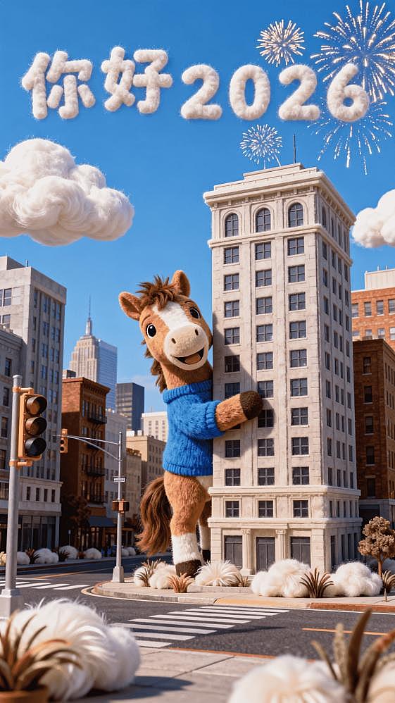 白色小马下半身在现代建筑群里，城市街道背景场景（侧面蓝天一点白色的云，搭配交通信号灯等城市设施），蓝色衣服拟人卡通小马（抱着建筑，歪头看镜头探出半个身体，开心活泼），画面顶部的随意错位排摆放艺术字：“你好  2026”，增加烟花装饰在天空上