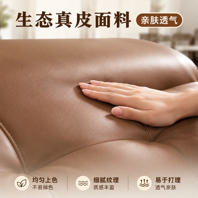 [主图-3] 劳伦斯高靠真皮沙发生态真皮材质细节展示图。[氛围风格] 高级质感，真实材质触感呈现。[画质] 商业摄影质感、光线柔和通透、产品清晰真实、画面干净高级。[元素] 全屏放大展示浅棕色生态真皮预览效果