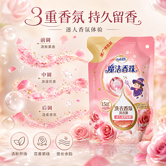 [主图-2] 介绍图-香氛功效卖点，核心展示3重香氛与持久留香的通感表达。
[统一基调] 京东平台简洁稳重风格，文字占比<30%，一图一重点。整体高端精致，以柔粉玫瑰金为主色调，搭配米白浅金点缀，营造奢华香氛洗护氛围。字体选用优雅衬线体标题+简洁无衬线正文，标题字色为深玫瑰金，辅助文字为深灰棕色，强调色为香槟金。
[画面] 产品袋装洗衣液位于画面右侧，占比约40%，正面展示。左侧为香氛通感视觉化表达：从产品中飘散出层层叠叠的粉色玫瑰花瓣、金色香氛粒子和透明气泡，形成三道香氛波纹，分别标注前调、中调、后调的视觉层次。背景为浅米色渐变，点缀散落的玫瑰花瓣和柔焦光斑。画面下方有三个圆形图标并列，分别代表"前调清新""中调花香""后调悠长"，每个图标内有简约线条图案。
[光影质感] 商业摄影质感，柔和均匀的布光，产品清晰立体，香氛粒子和花瓣有轻盈通透感，整体氛围浪漫高级。
[配色] 主色柔粉+米白，点缀香槟金、玫瑰金，香氛波纹由浅到深的粉色渐变。
[文字版式] 顶部主标题"3重香氛 持久留香"，字体优雅醒目；标题下方小字副标题"迷人香氛体验"。底部三个图标下方分别配短词"清新开场""花香萦绕""悠长余韵"。文字均为深玫瑰金，放在负空间，不遮挡产品。
[输出要求] 1:1正方形比例，2048*2048，2K高清。产品外观与输入图完全一致。文字清晰无错字。负向：不出现第二件半价等促销词，不出现一瓶即净一瓶搞定等违规词，不出现其他产品，不出现平台Logo水印，不杂乱不模糊。