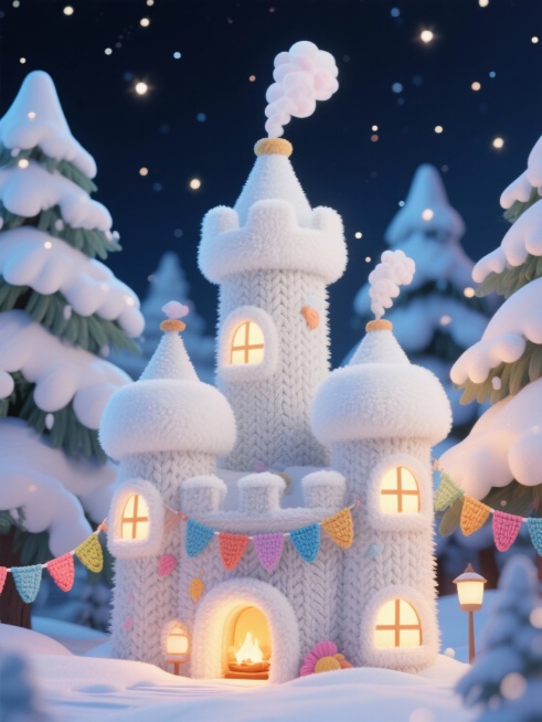 冬日童话城堡，由厚厚的白色毛绒和浅灰色羊羔绒编织而成，圆润的塔楼覆盖着蓬松积雪，烟囱飘出棉花糖般的烟雾，挂着毛线编织的彩旗，建筑表面有针织纹理，坐落在雪松林中，星光闪烁的夜晚，柔和的雪光，温暖壁炉光从预览效果