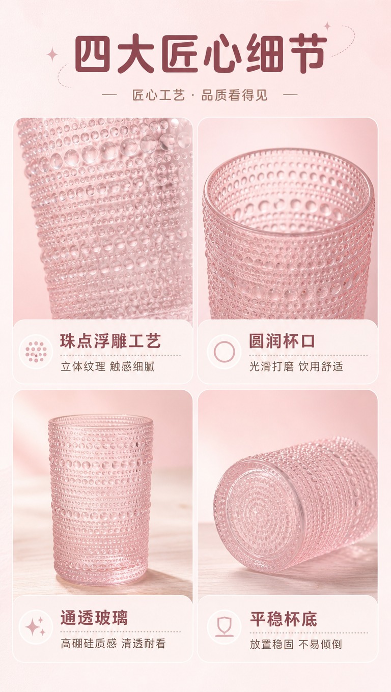 [商品] 使用【图1】【图3】【图4】粉色珠点浮雕玻璃杯；保留… - 图片创意预览