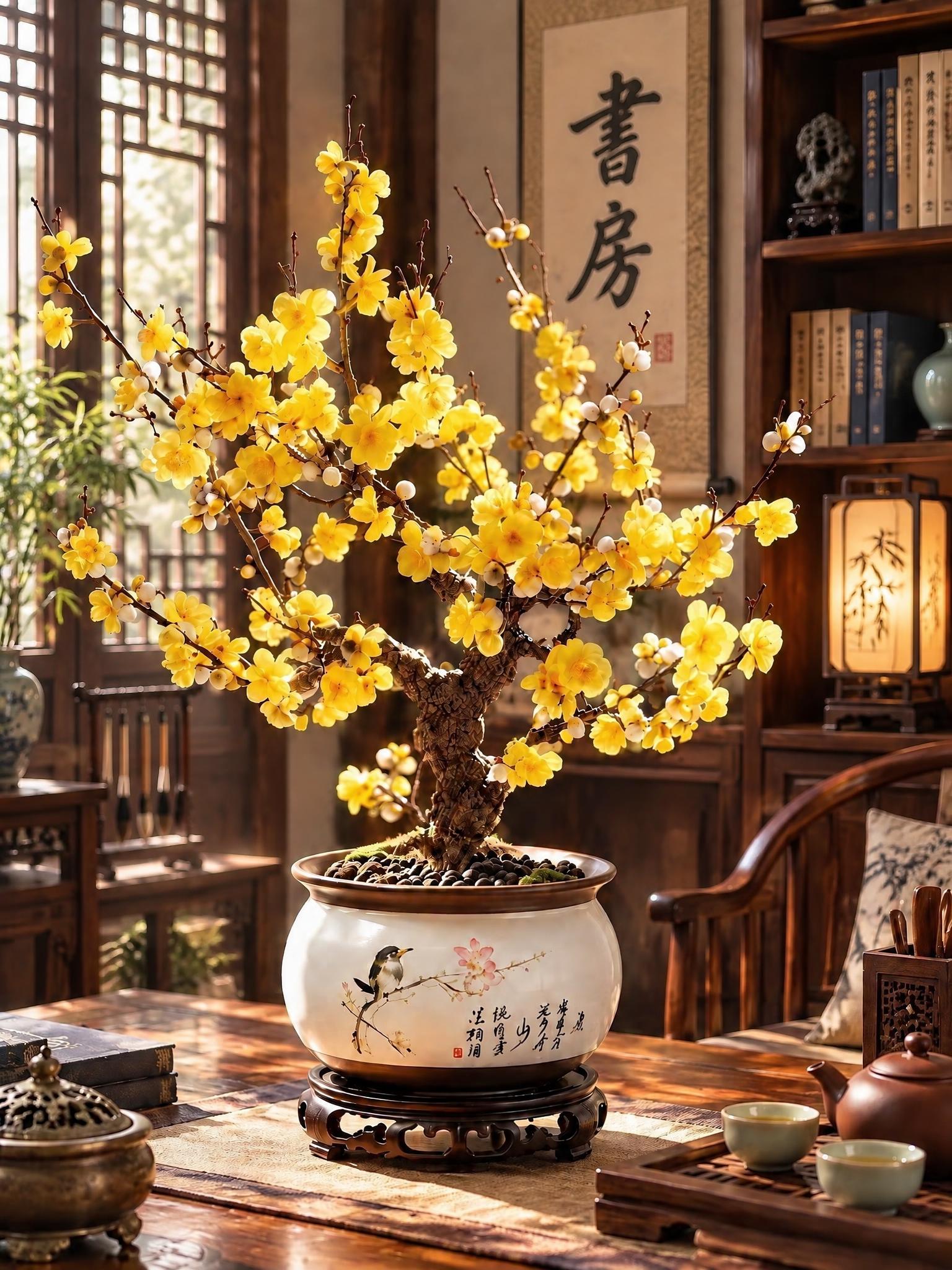 将背景替换为中式书房场景，保留前景的腊梅盆栽、茶具、香炉等主体… - 图片创意预览