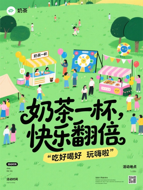 扁平插画风格，草地，丰富的画面细节，游玩的人，一个奶茶摊位，一个游戏摊位，一个小吃摊位。用潮流的花体字设计大标题“奶茶一杯 快乐翻倍”，副标题“吃好喝好 玩嗨啦“预览效果