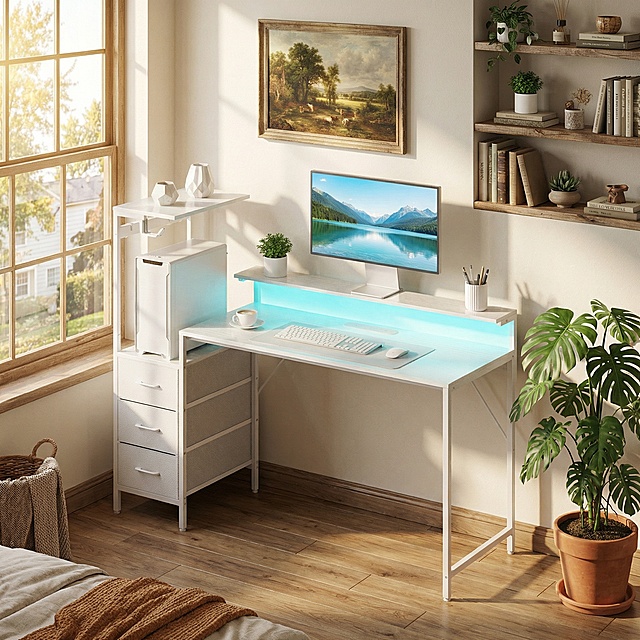 保持桌子整体不变，将背景替换为明亮温馨的居家办公书房场景，整体风格偏向自然复古与舒适实用，书桌后面墙上添加风景挂画和木质置物架，桌子右边添加一盆绿色植物，左边设置为窗户，窗外可以看到树木和房屋