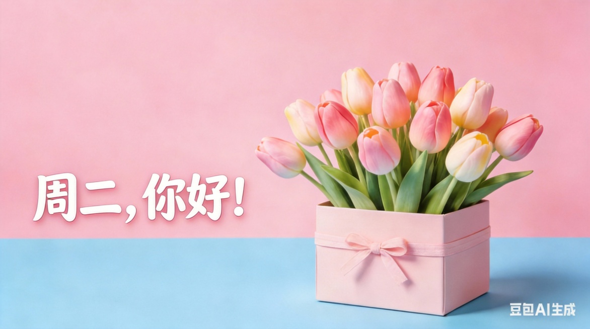 周二，你好！这几个字，再移的下面一些，但还是在粉色区，字体再艺术化一点预览效果
