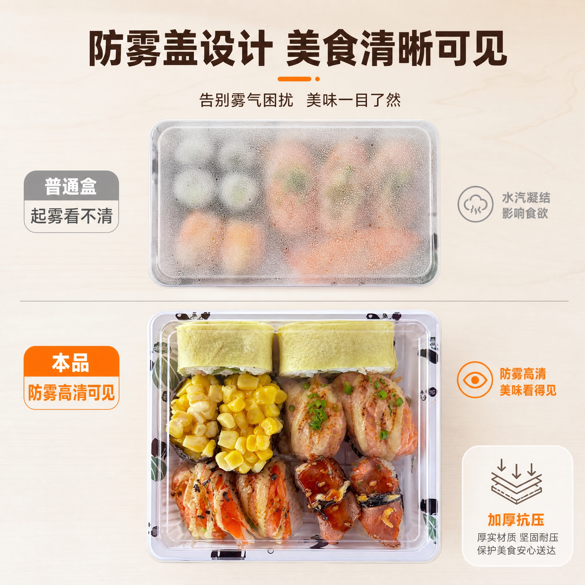 [主图-2] 中号寿司外卖盒核心卖点图，重点证明防雾加厚效果。… - 图片创意预览