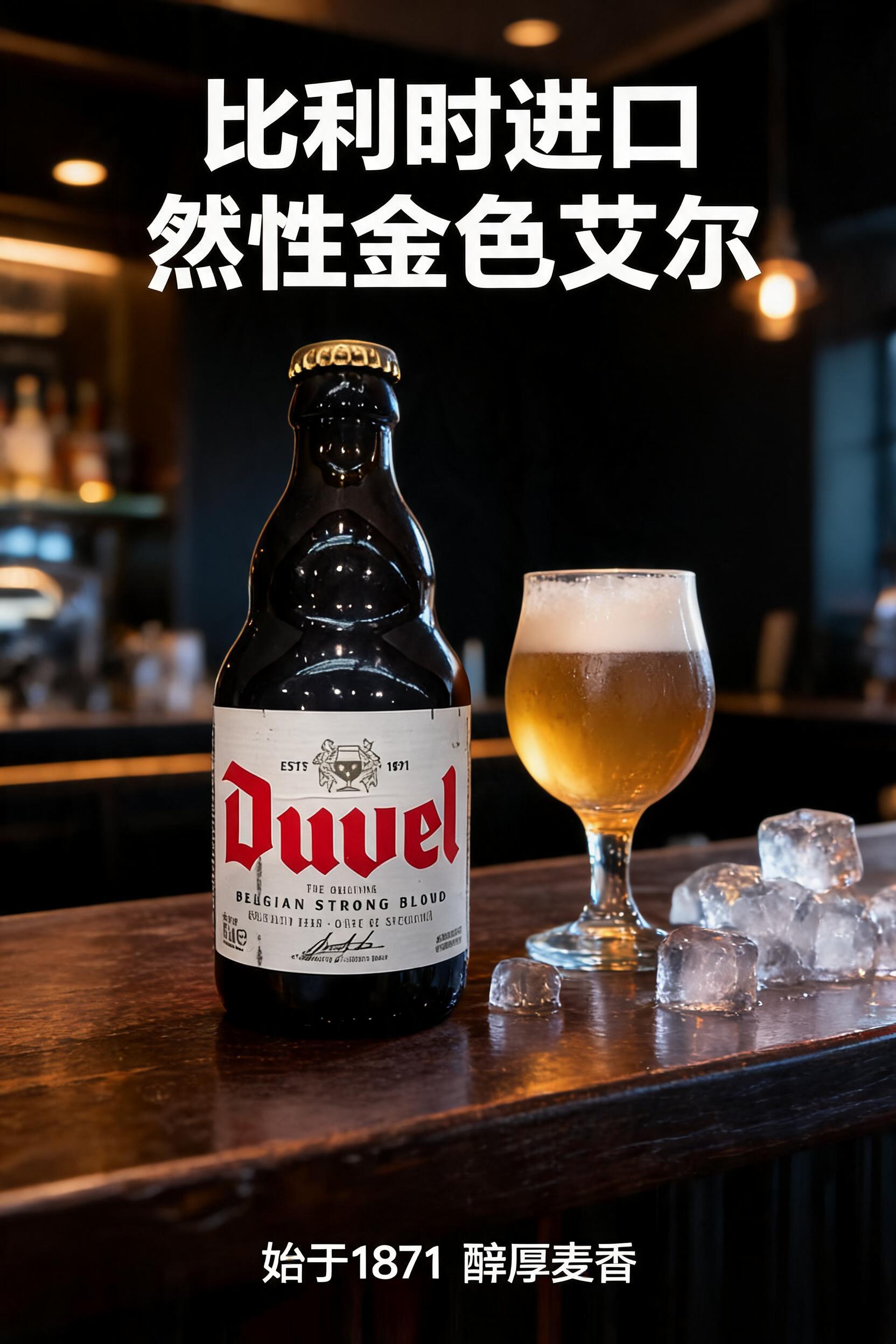 电商主图，一瓶Duvel督威比利时金色烈性艾尔啤酒，深棕色玻璃… - 图片创意预览