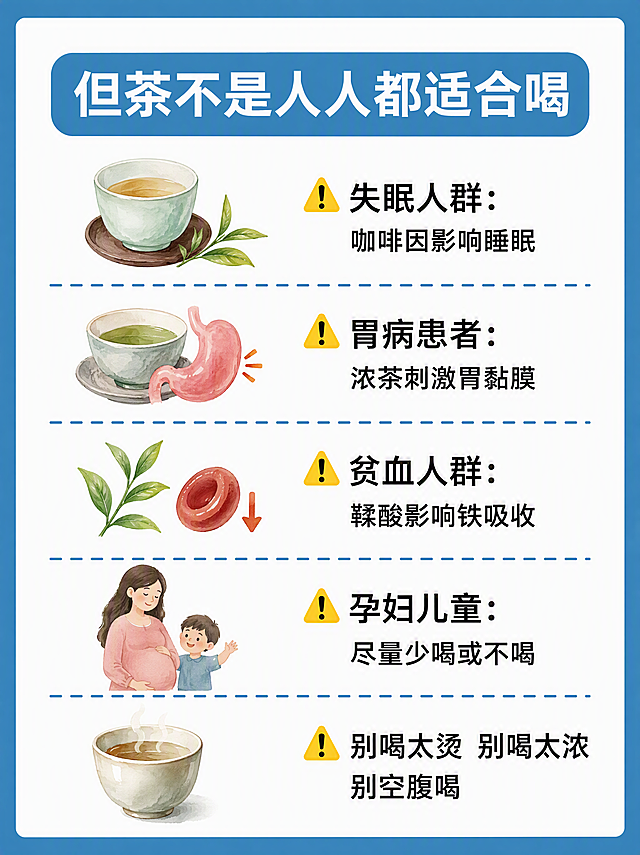 小红书笔记内页，插图大字，ins清新健康科普风，版式精美，小红书笔记内页质感，信息清晰易读。版式骨架、分区比例、色调体系与参考图保持一致（相似度约70%），文案与配图换为用户本次内容。页面主题：但茶不是人人都适合喝。主标题用蓝色圆角标签样式，与参考图一致。条目前带黄色⚠️警告符号，共5条注意事项。背景：蓝色边框+白色内底，条目间用蓝色虚线分隔。标题排版：扁平粗黑体，分区标题白色字在蓝色圆角标签内，正文黑色常规字。插画：左侧配带警示感的茶杯/茶叶极简水彩风插画，右侧为文字内容，左图右文结构。装饰：蓝色虚线分隔线，简洁干净。文案逐字锁定：但茶不是人人都适合喝 / ⚠️ 失眠人群：咖啡因影响睡眠 / ⚠️ 胃病患者：浓茶刺激胃黏膜 / ⚠️ 贫血人群：鞣酸影响铁吸收 / ⚠️ 孕妇儿童：尽量少喝或不喝 / ⚠️ 别喝太烫 别喝太浓 别空腹喝。整体氛围：健康科普、提醒警示、清爽易懂。画质：高清细腻，信息层级清晰，文字完整处于安全区内不可裁切，四周留安全边距。画面比例3:4，4K。图生图：严格使用用户上传图片，【图1】= 版式风格参考图，参考其蓝色边框、白底、蓝色圆角标题标签、虚线分隔、左图右文的图文结构。