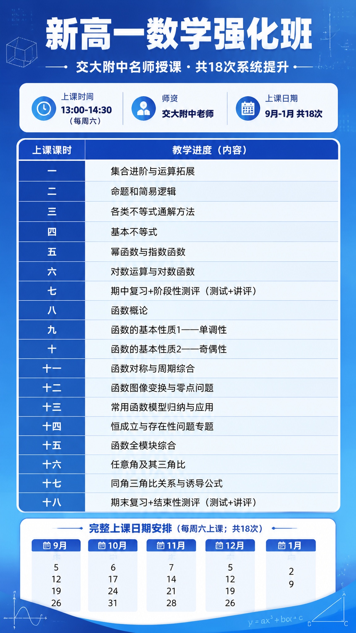 一张竖版9:16的新高一数学强化班秋季课程海报，蓝色主题，清爽… - 图片创意预览